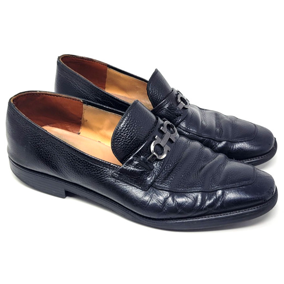 Salvatore Ferragamo Gancini Bit Loafers Mens Size 10.5 Black Pebbled Dress Shoes - Picture 1 of 9
